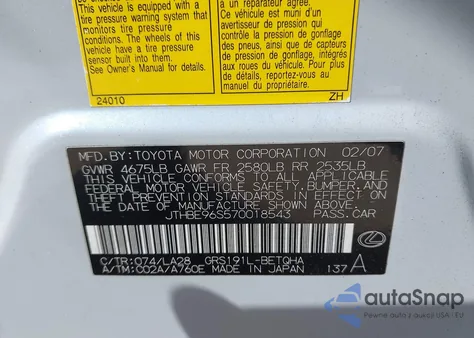 2007 Lexus Gs 350 z USA, uszkodzony, nr VIN JTHBE96S570018543